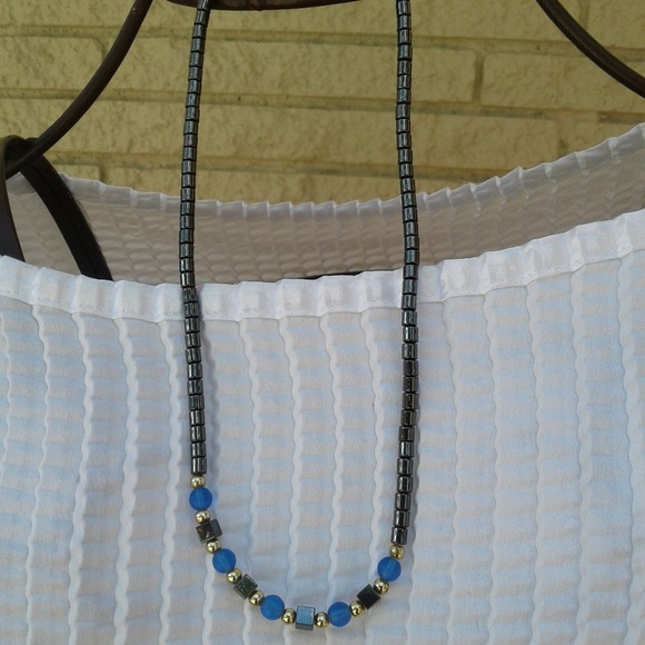 Hematite necklace with Blue, Grey and Gold accents - Picture 2 of 6